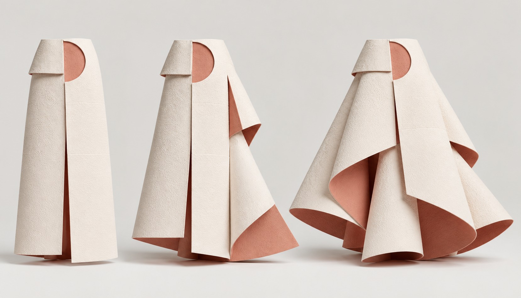 Tre gonne geometriche avorio e rosa antico, dalla silhouette essenziale a volumi più articolati.