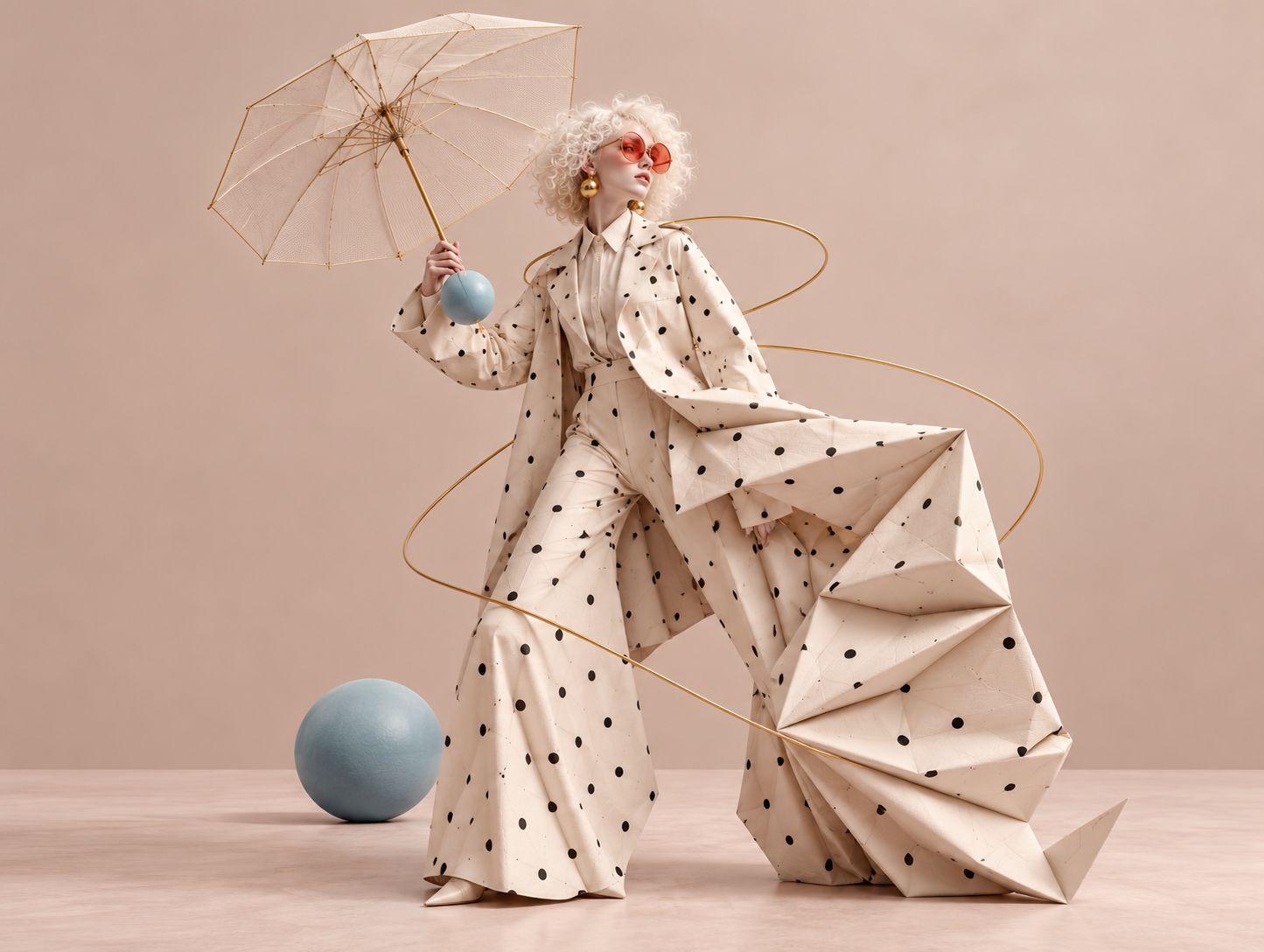 Surreal standing figure in a polka-dot ivory suit with asymmetrical trousers featuring sculptural volume, a translucent umbrella, blue spheres and gold lines