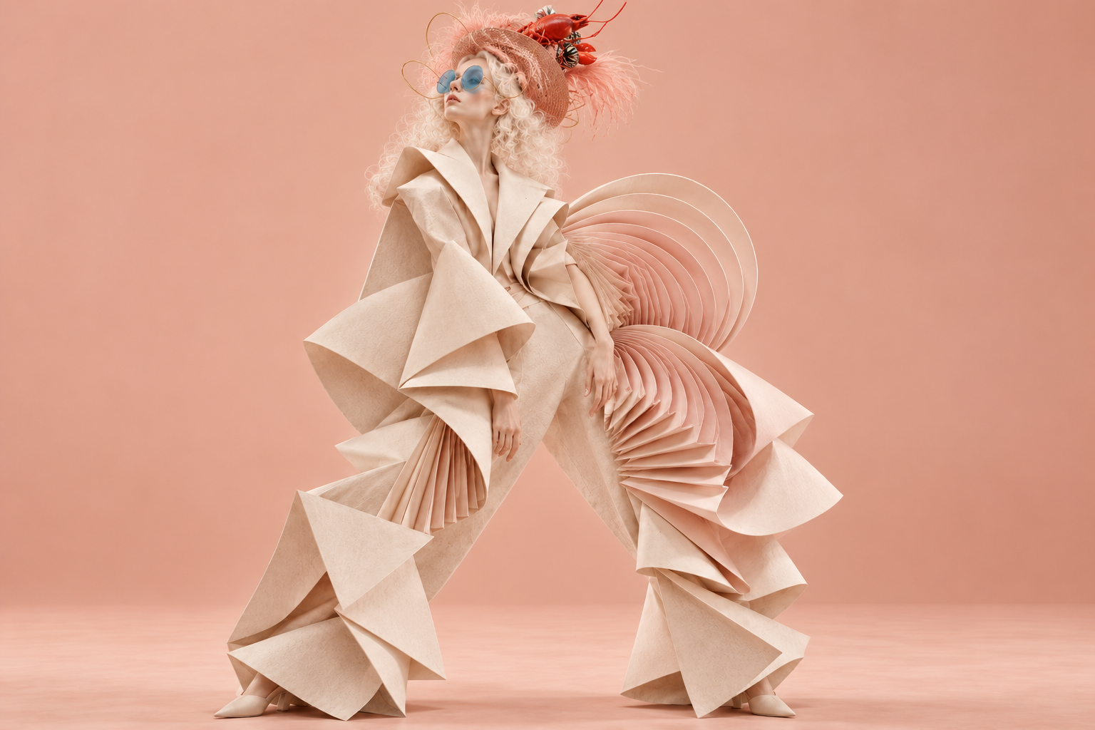 Figura in posa reclinata con abito geometrico avorio e rosa, occhiali azzurri e cappello rosa con aragosta rossa.