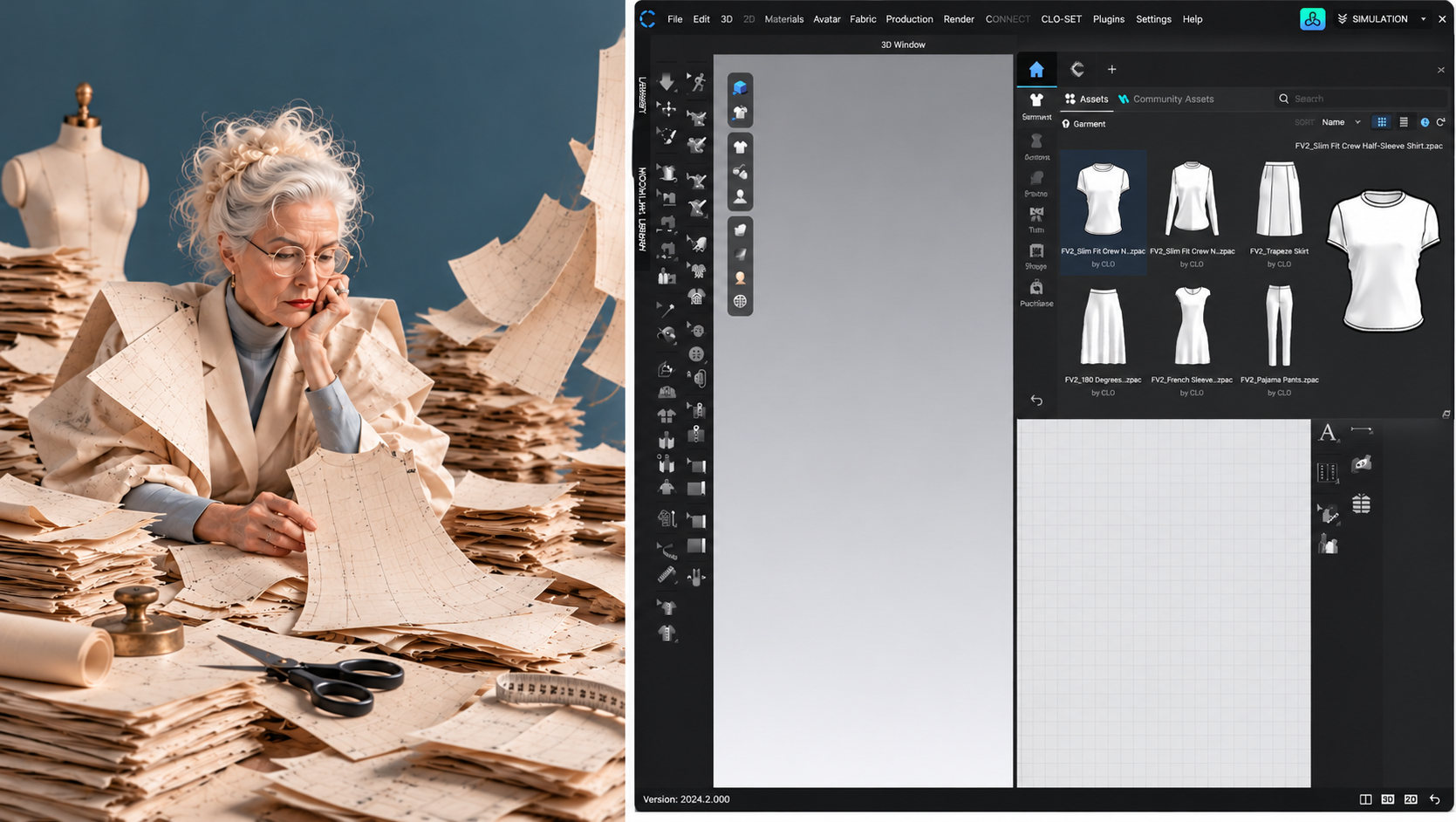 Lavoro di modellistica su carta a sinistra e schermata CAD CLO3D a destra