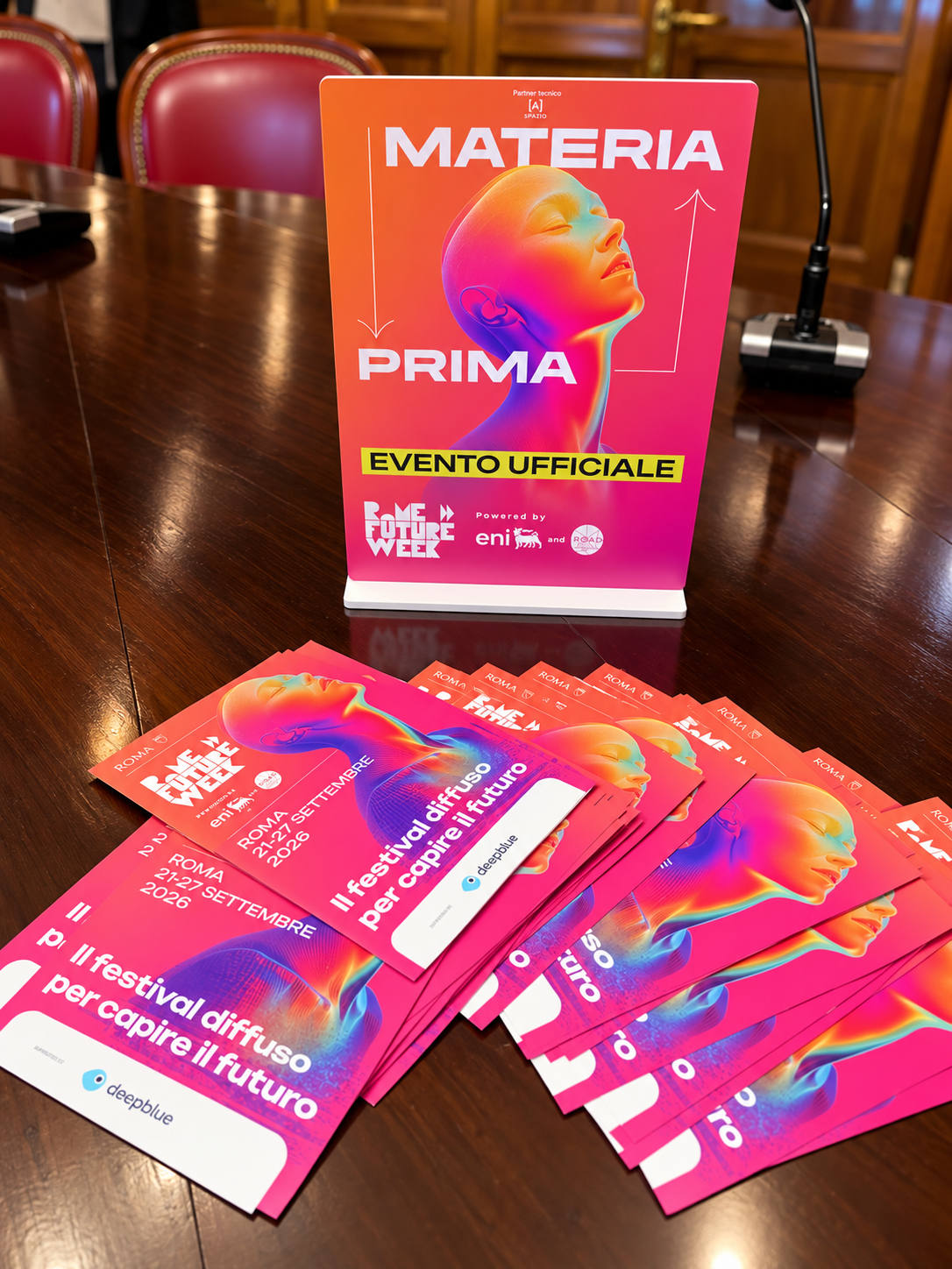 Totem and printed materials of Materia Prima at Rome Future Week