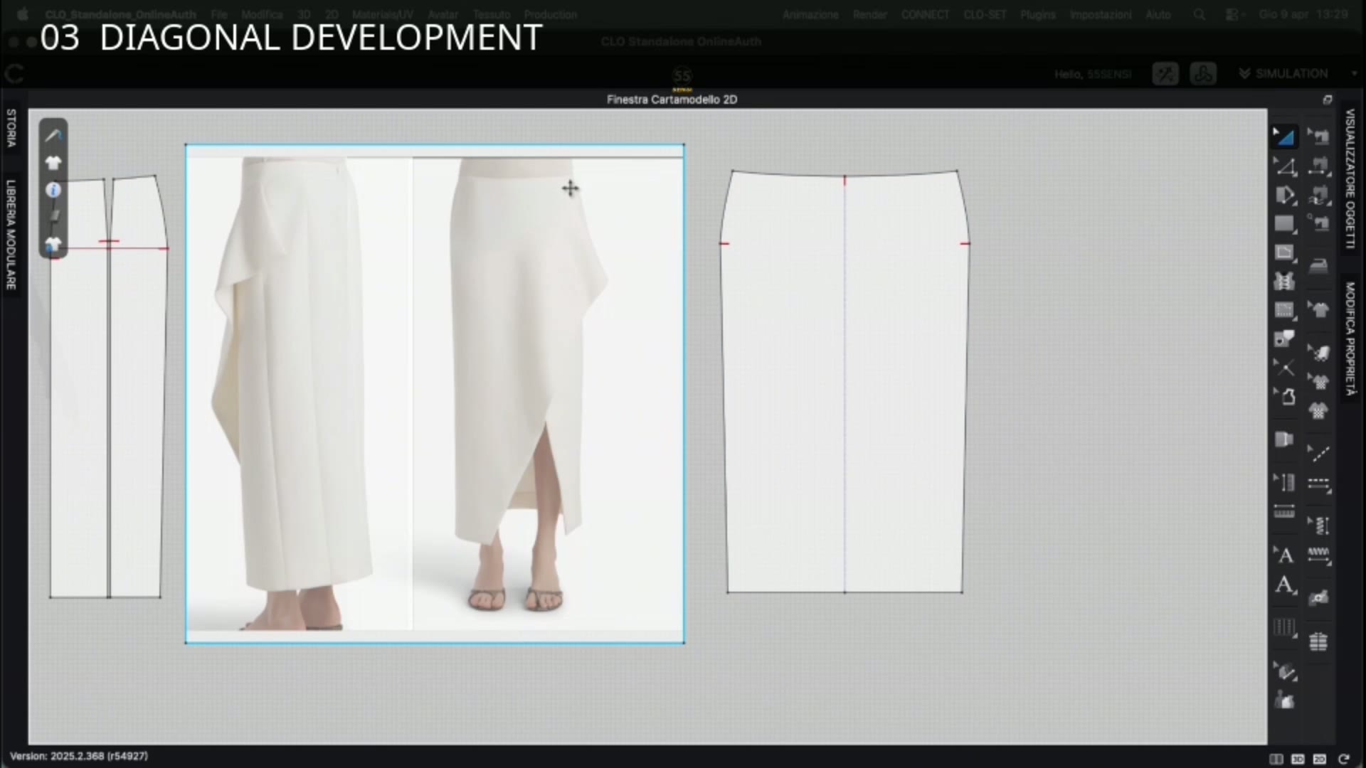 Frame from the 55SENSI process: development of the diagonal on the 2D pattern alongside the reference image