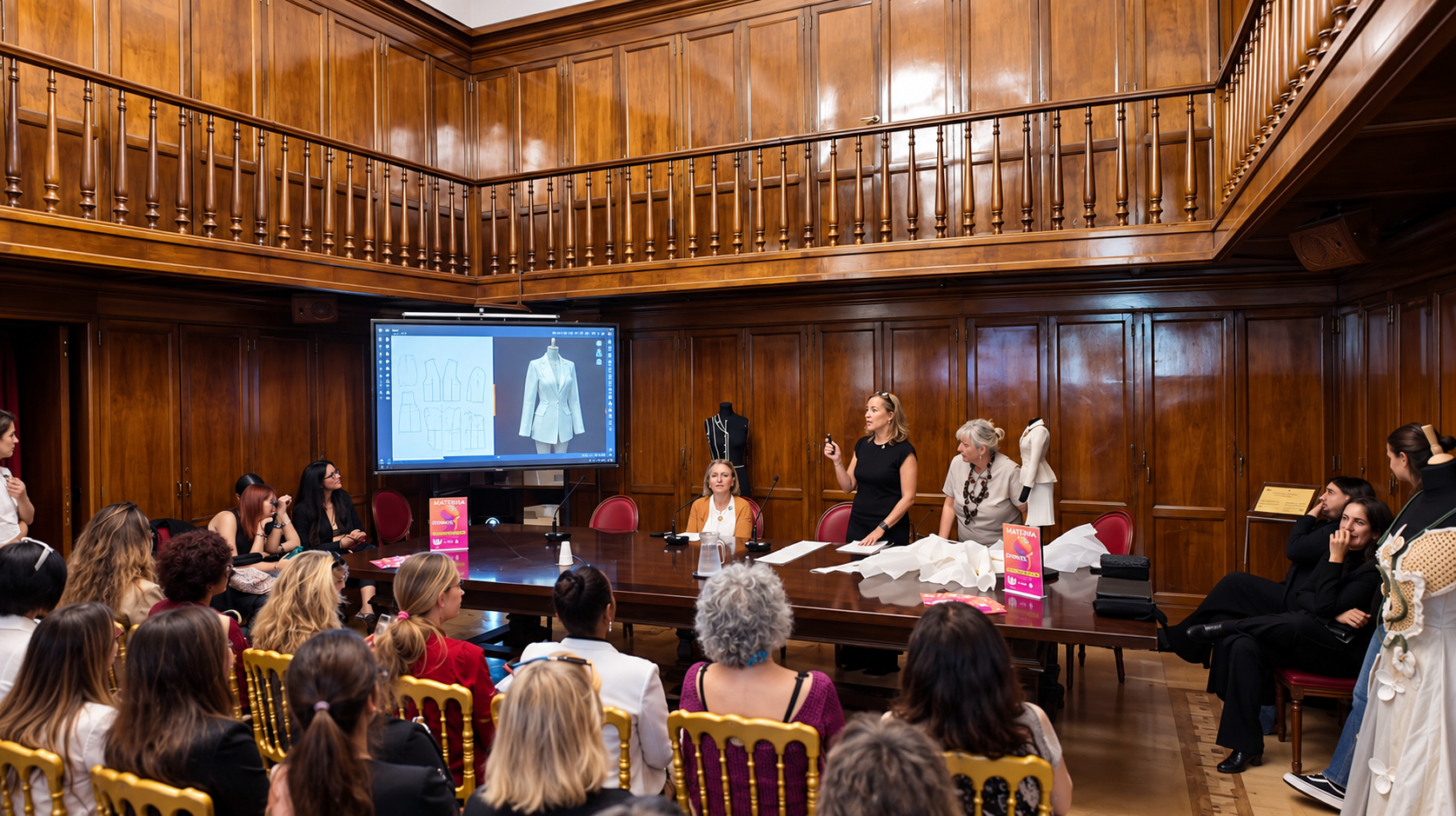 Francesca Fiorentini explains the process to the audience during Materia Prima, with screen and work area