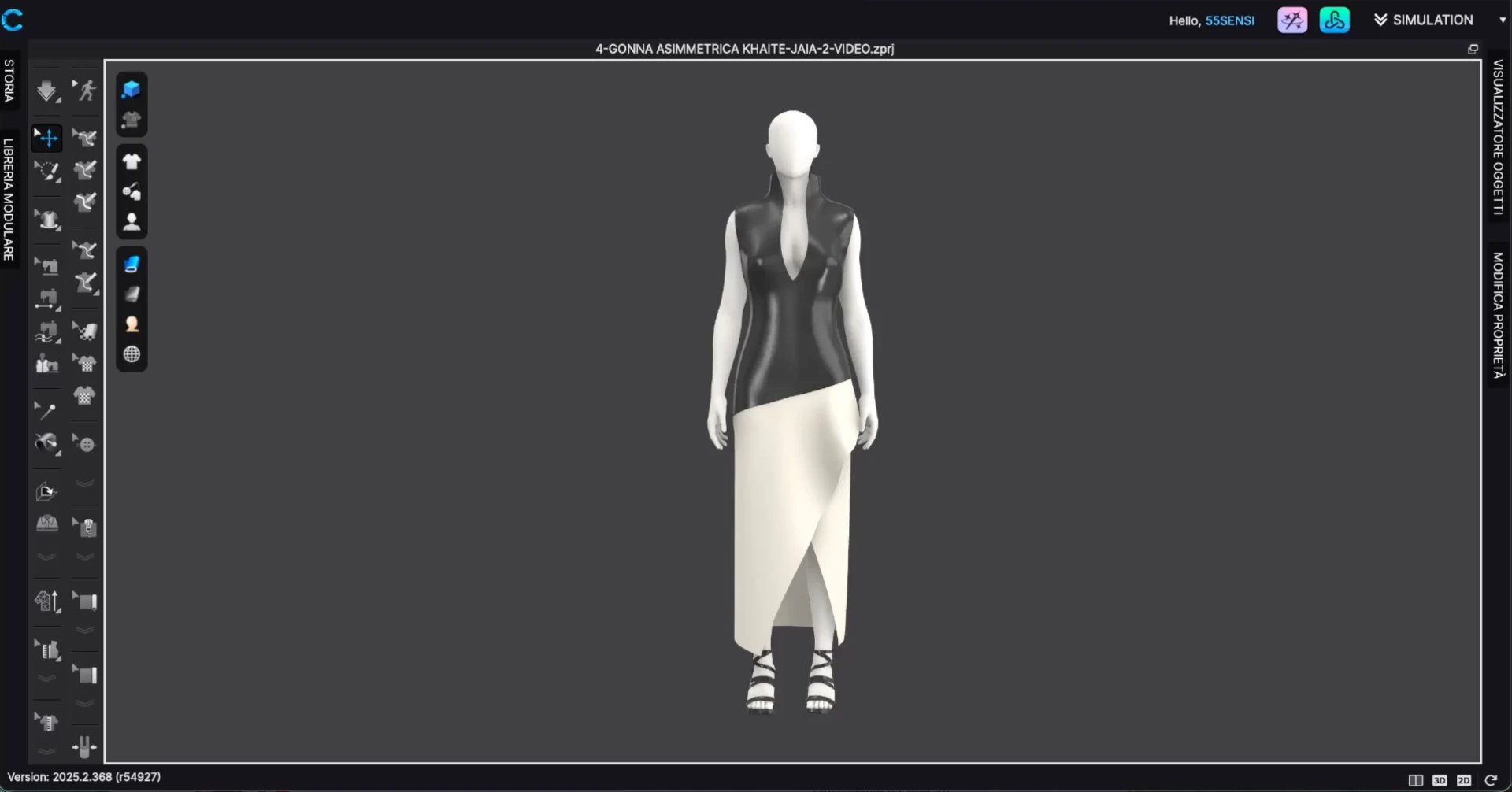Prototipo virtuale del capo completo indossato dall'avatar su fondo scuro