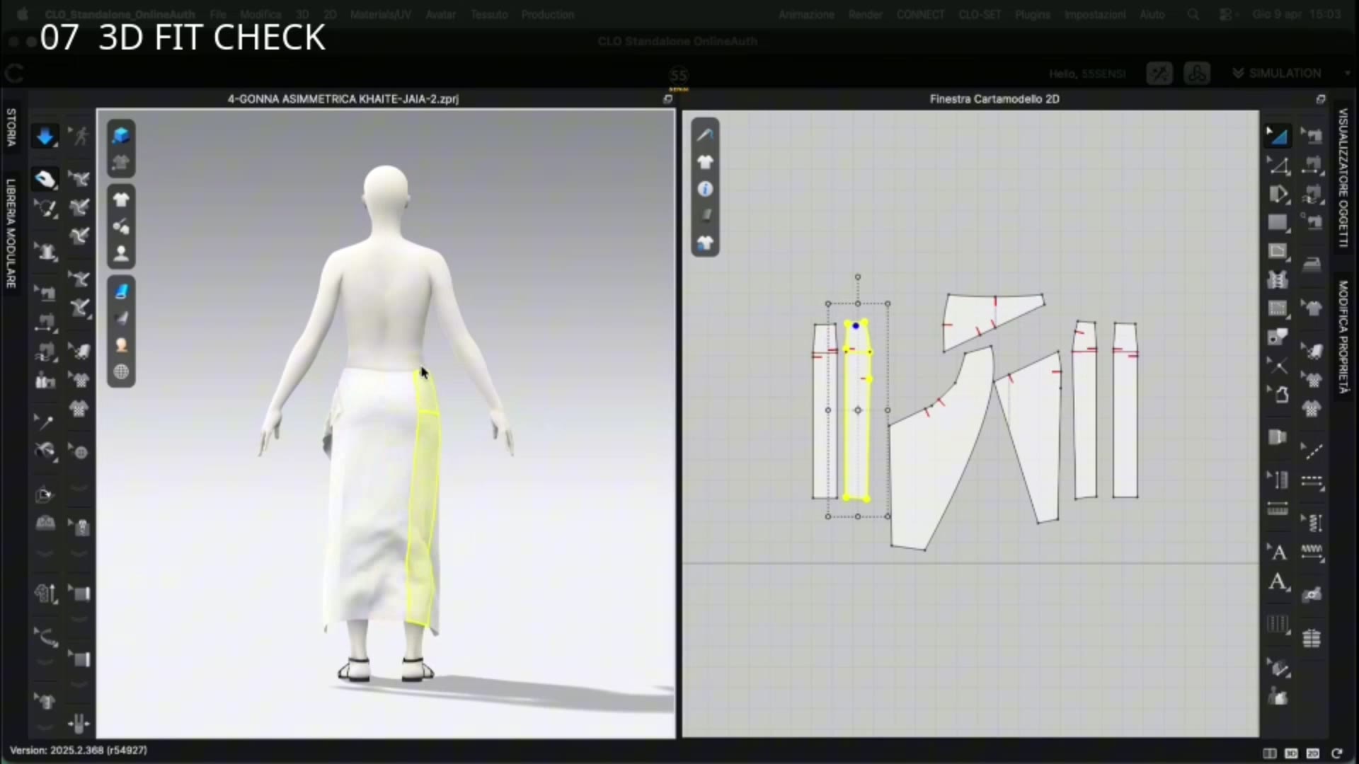 Frame from the 55SENSI process: 3D simulation of the skirt on an avatar alongside the pattern panels