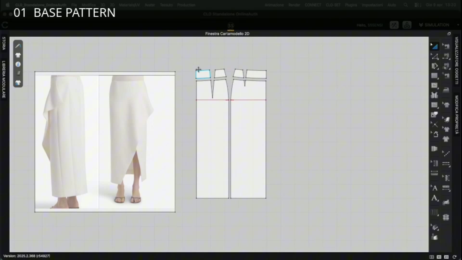 Frame from the 55SENSI process: reference images of the skirt alongside the basic pattern block