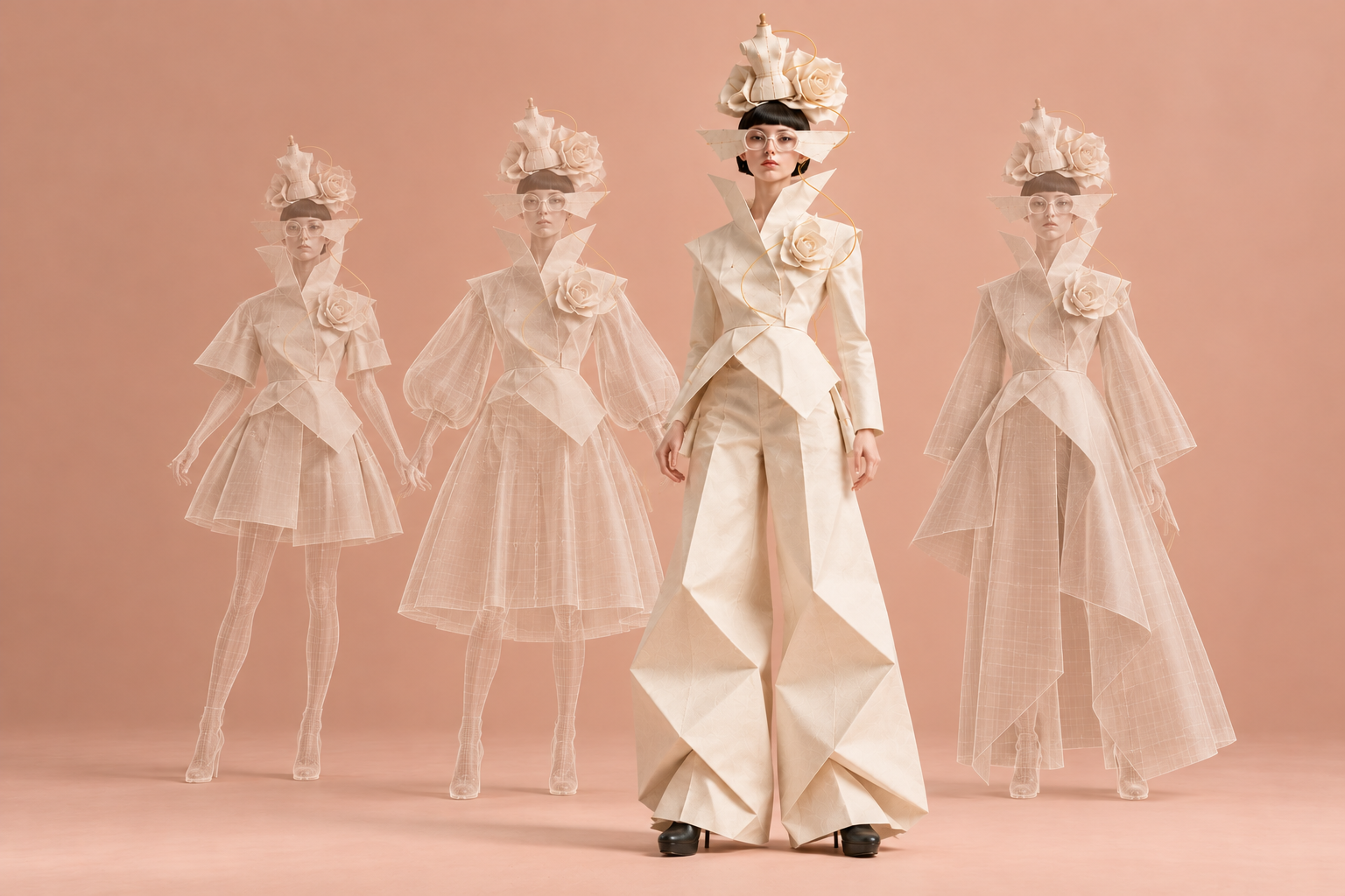 Modella centrale in couture origami con tre varianti su manichini trasparenti
