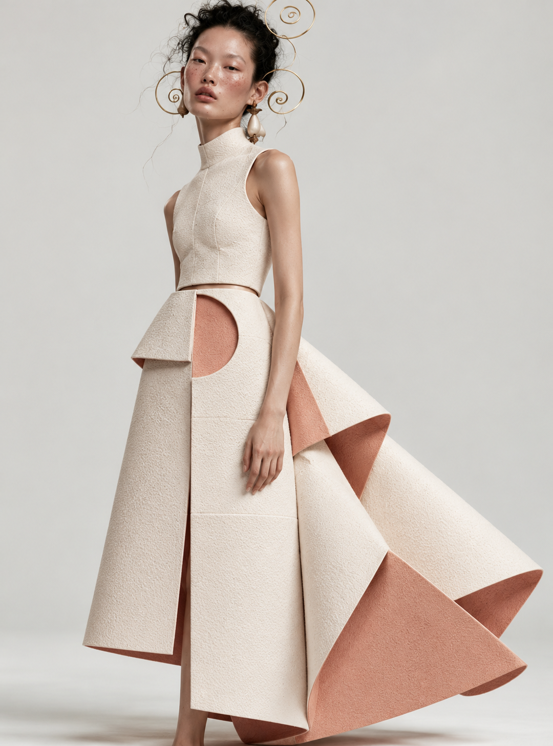 Modella con gonna geometrica avorio e rosa antico e ornamenti dorati.