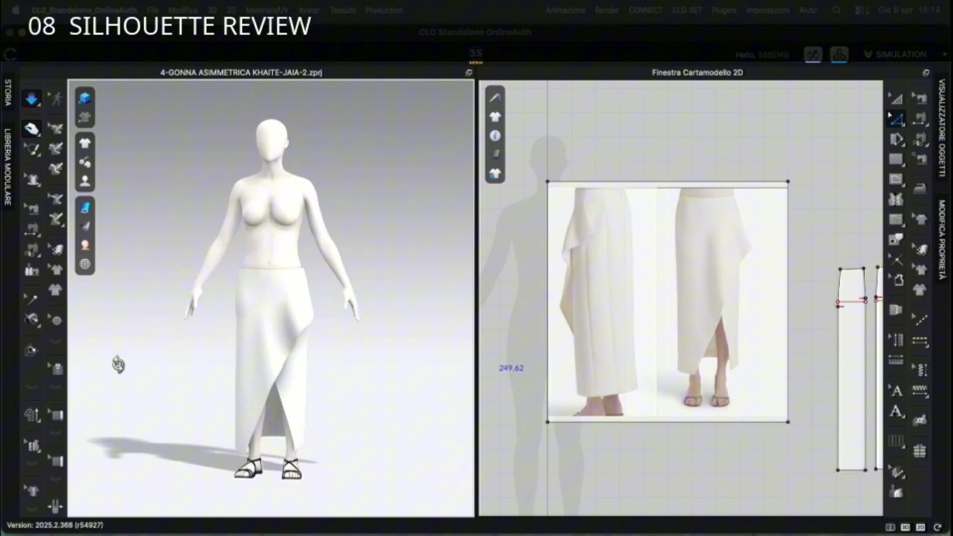 Final 3D simulation of the asymmetric skirt on an avatar, front view, alongside the reference image